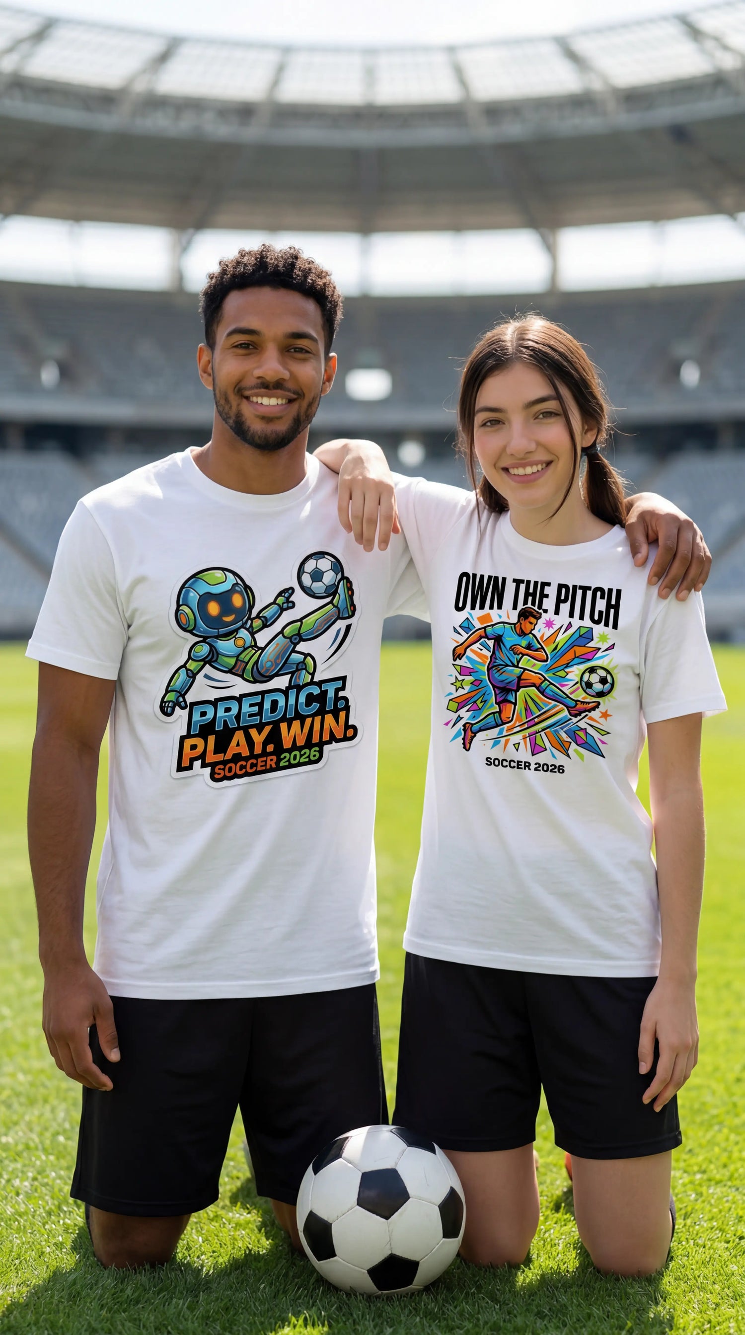 Marcus and Carol on a soccer field with stadium bokeh — New Arrivals collection