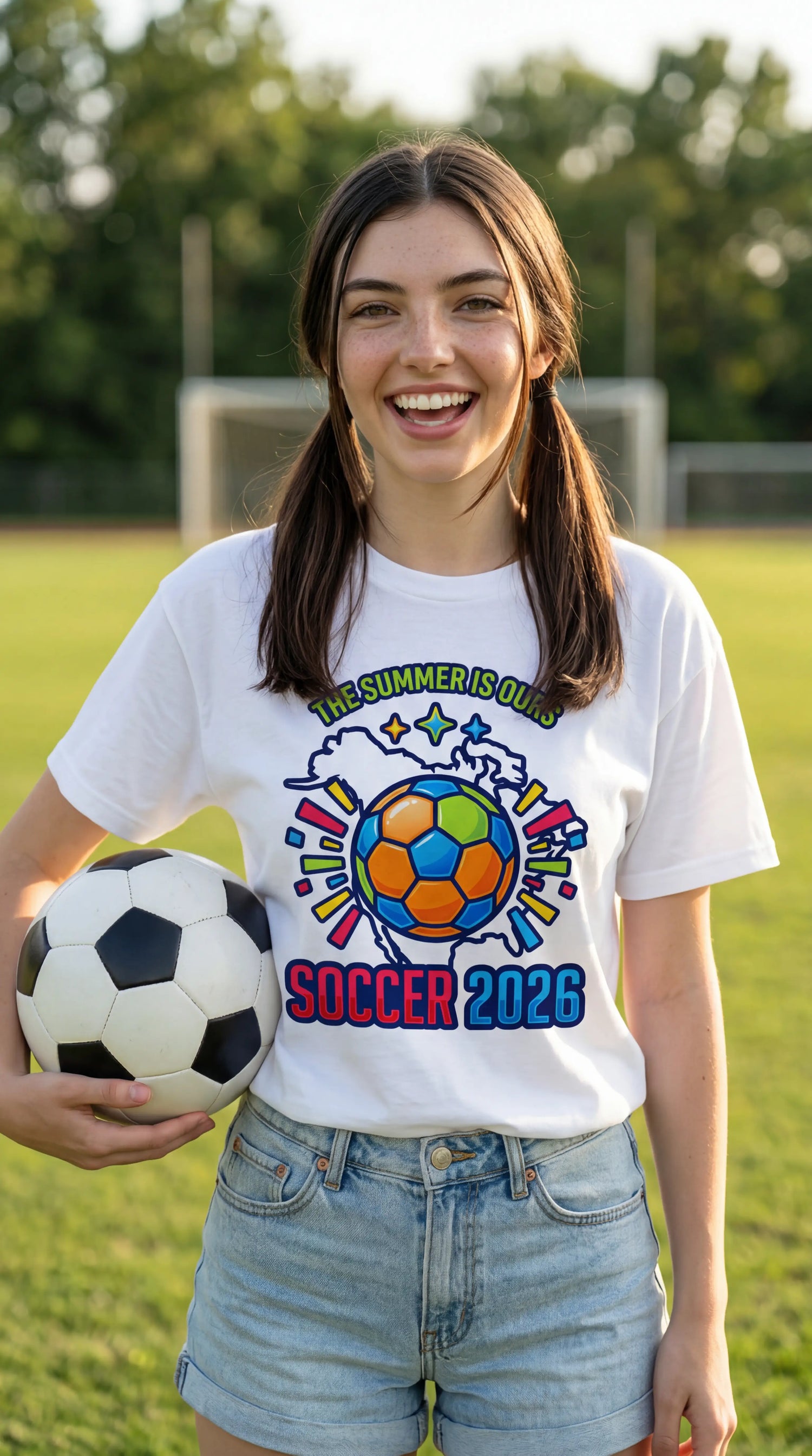 Carol on soccer field with ball, SUMMER IS OURS tee — Soccer 2026