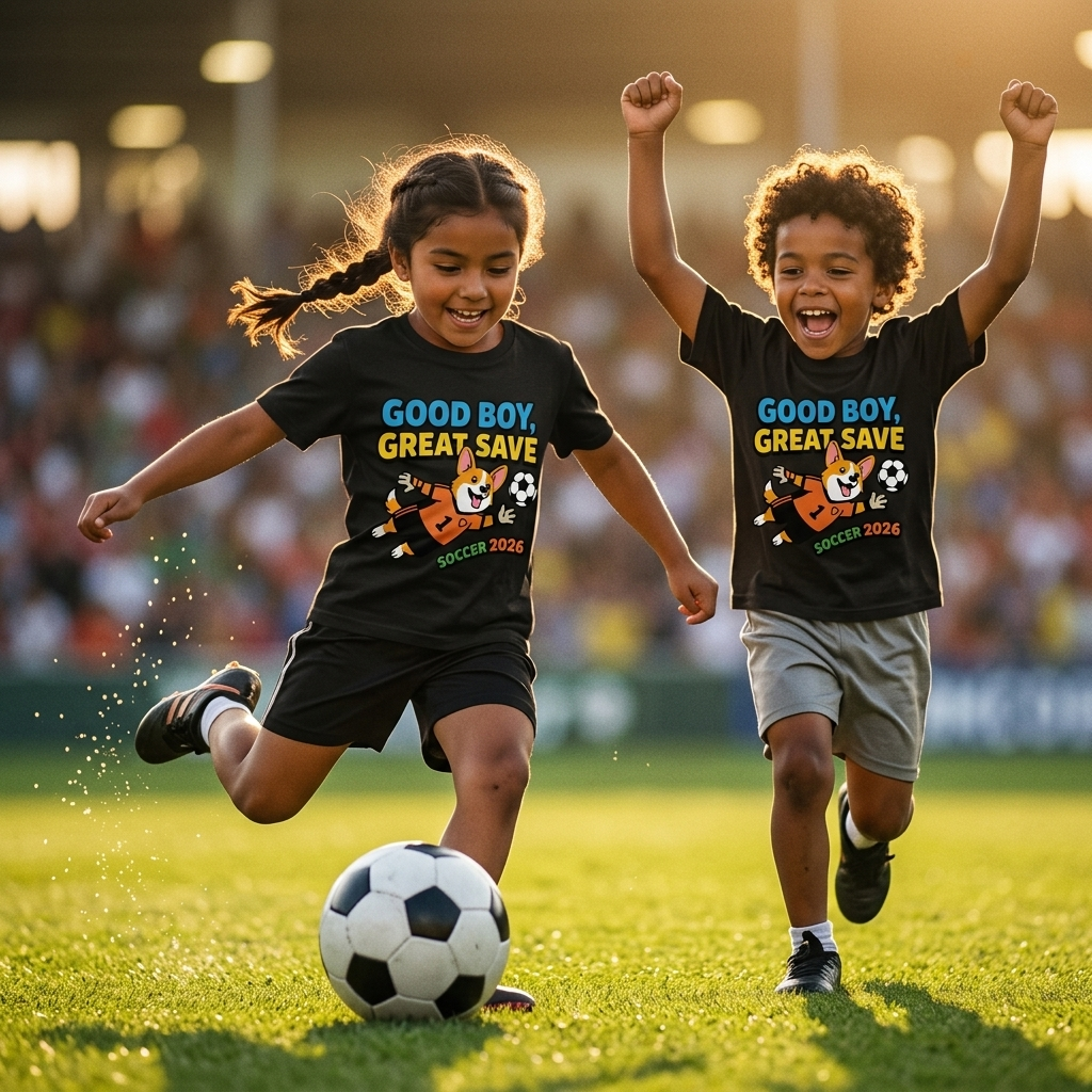 Two kids playing soccer wearing Good Boy Great Save corgi tees — Kids collection cover