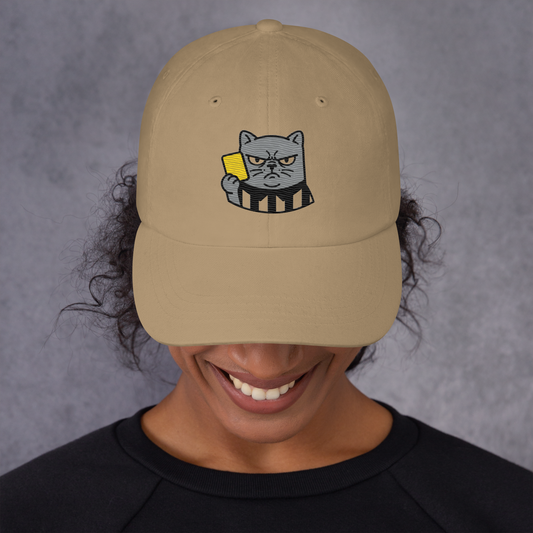Offside Referee Cat embroidered dad hat — khaki, lifestyle