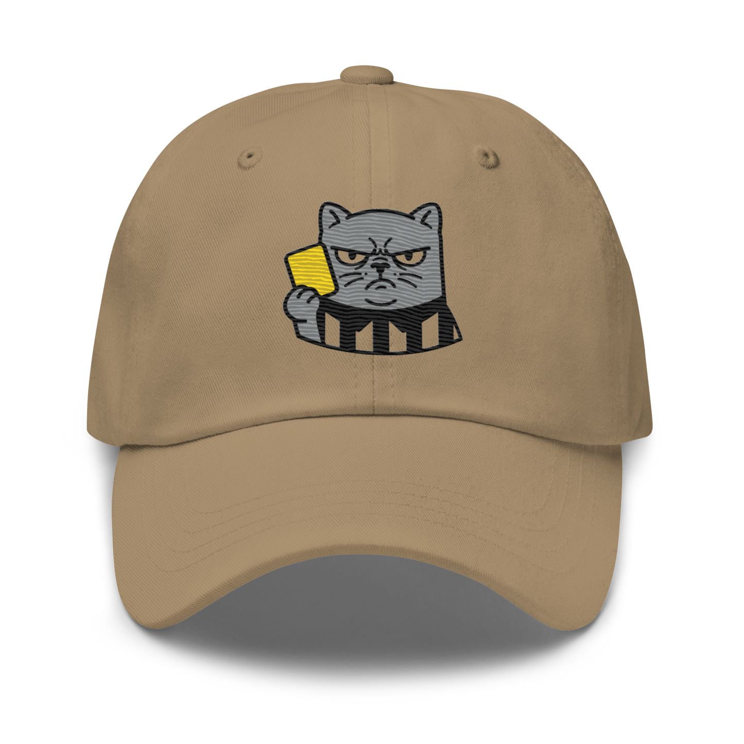 Offside Referee Cat embroidered dad hat — khaki, front view