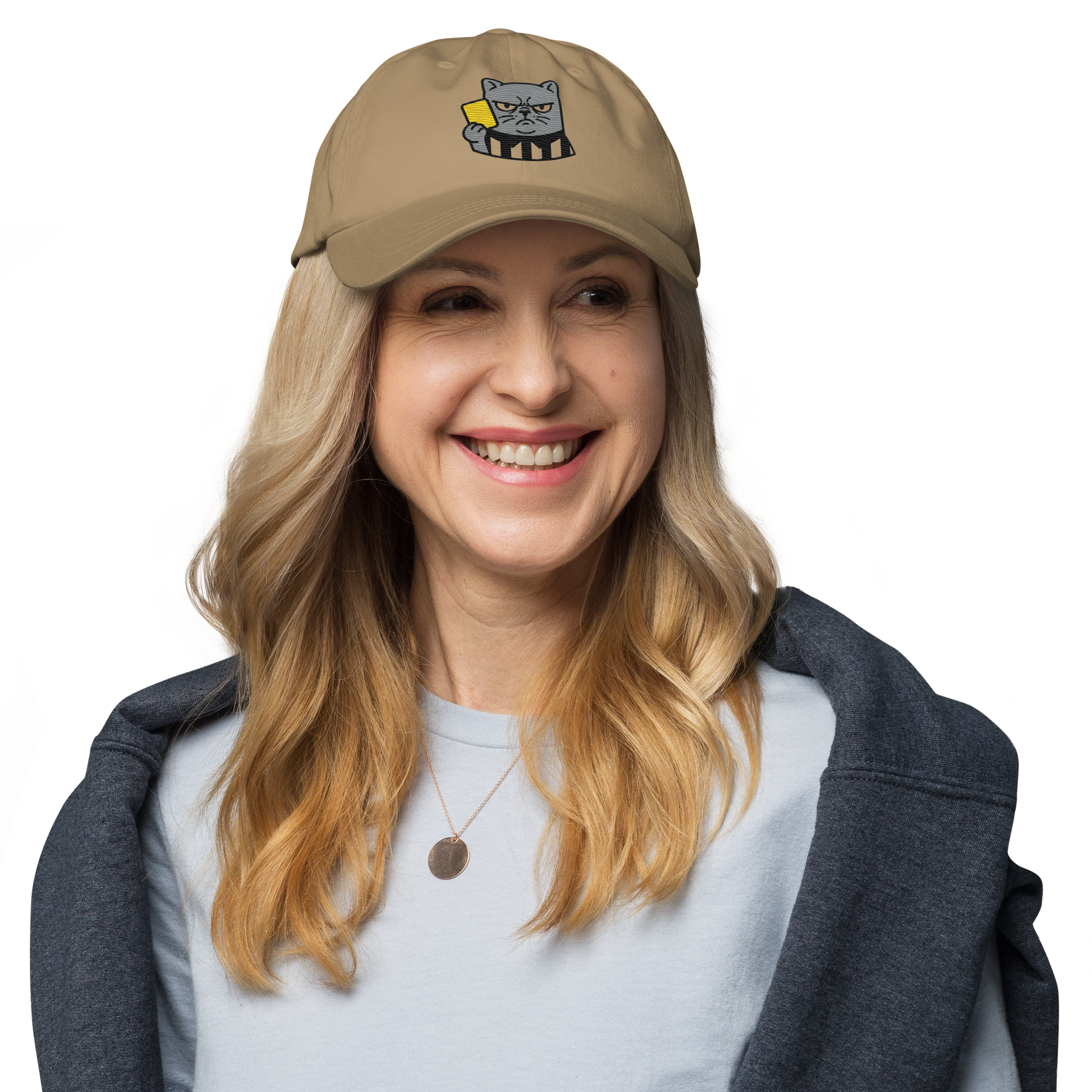 Offside Referee Cat embroidered dad hat — khaki, lifestyle front