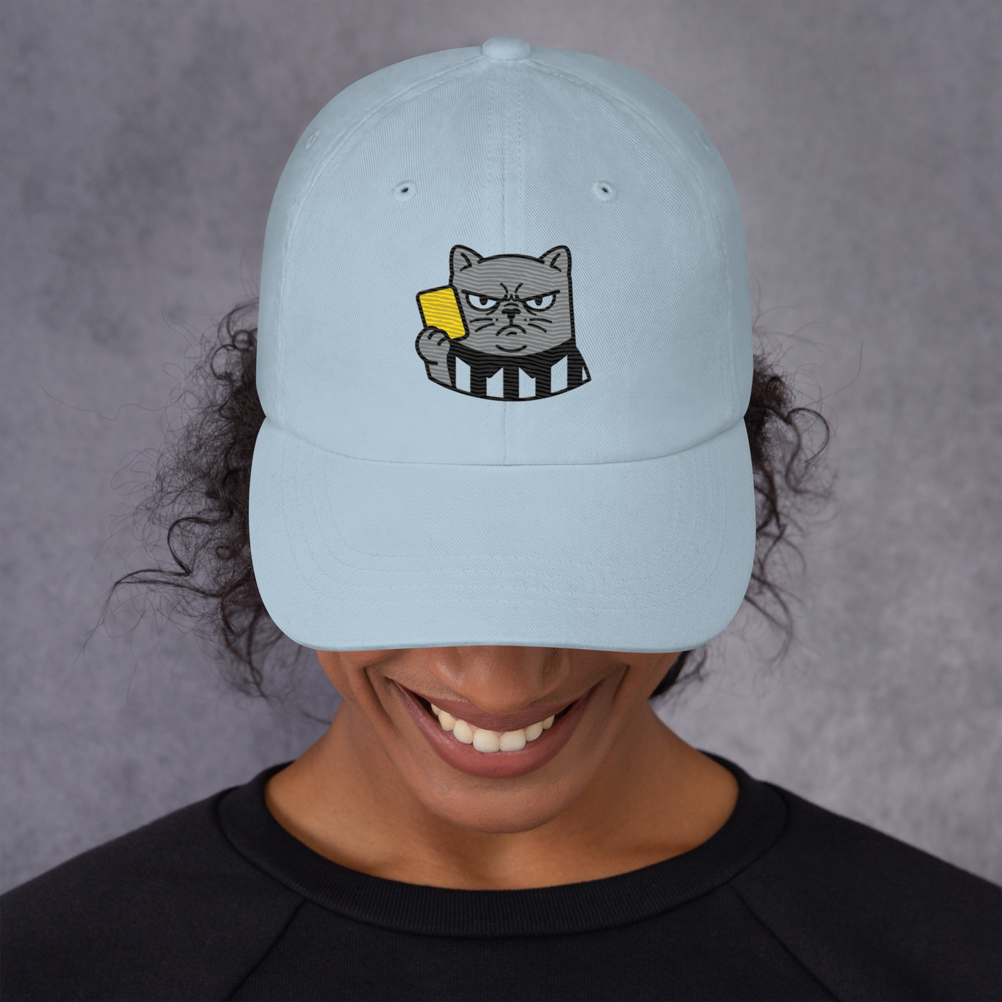 Offside Referee Cat embroidered dad hat — light blue, lifestyle