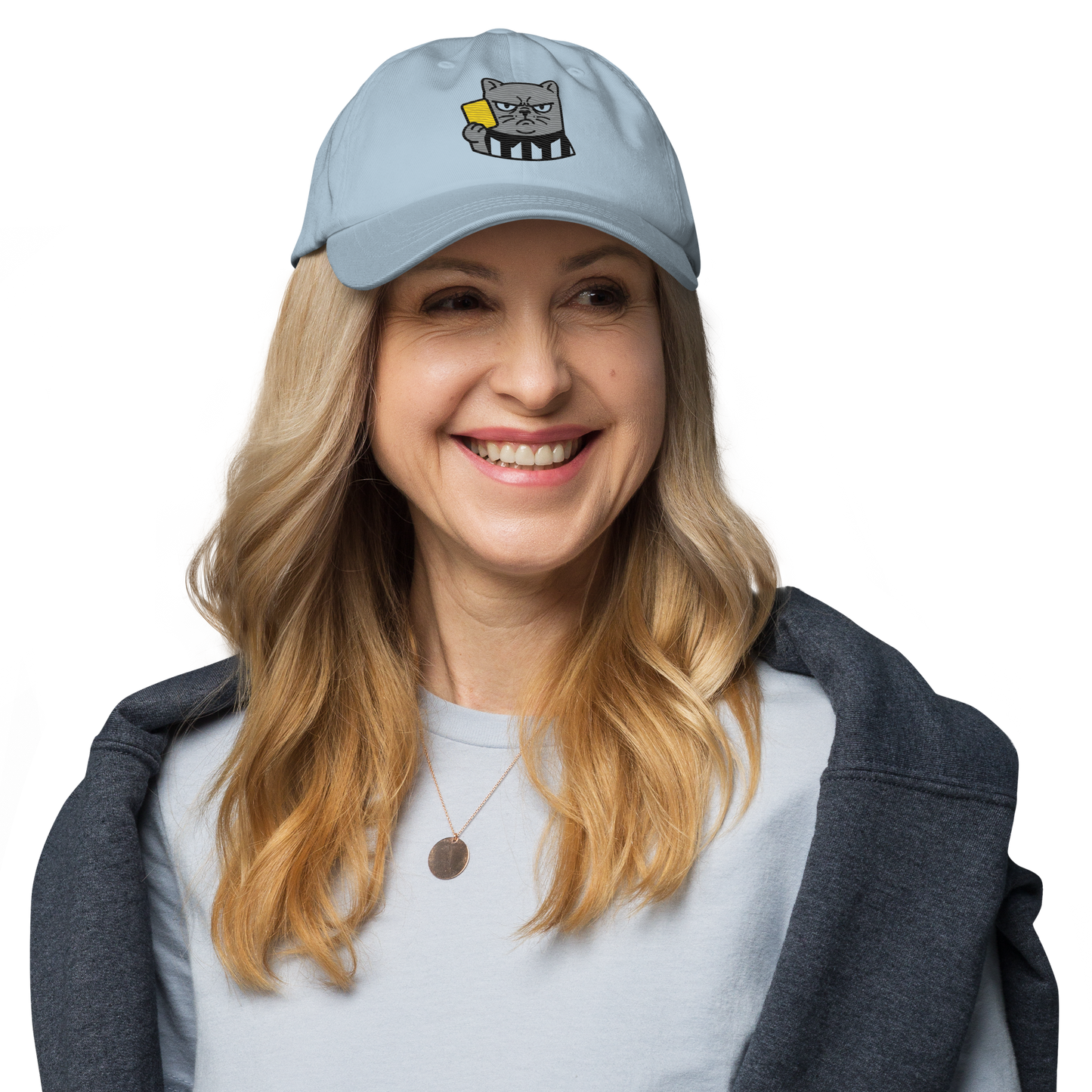 Offside Referee Cat embroidered dad hat — light blue, lifestyle front