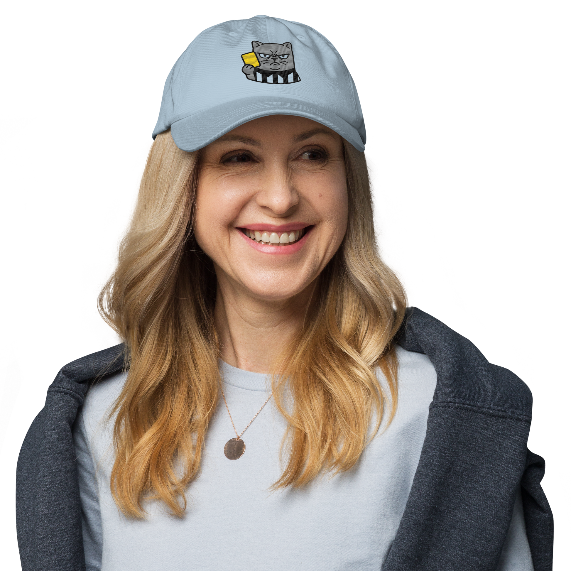 Offside Referee Cat embroidered dad hat — light blue, lifestyle front