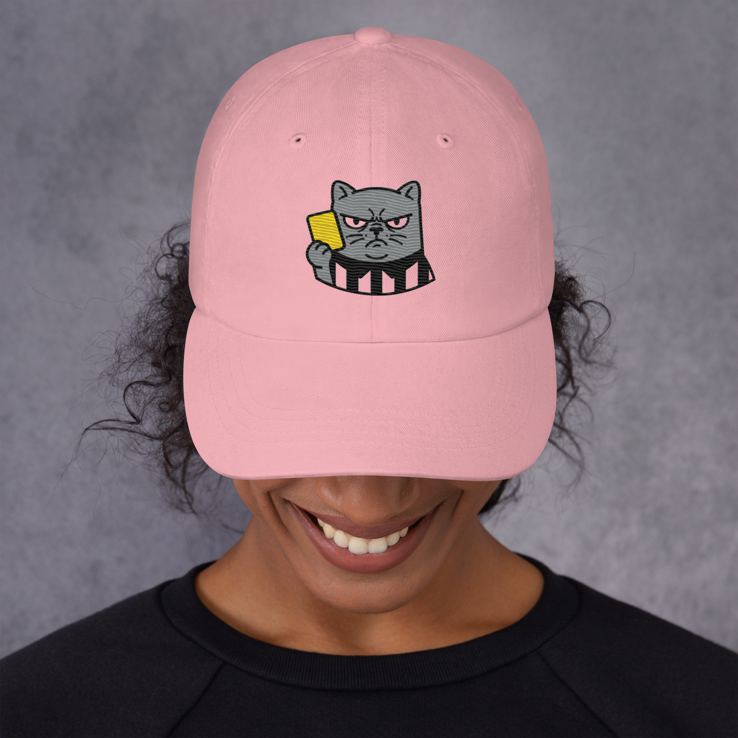 Offside Referee Cat embroidered dad hat — pink, model front