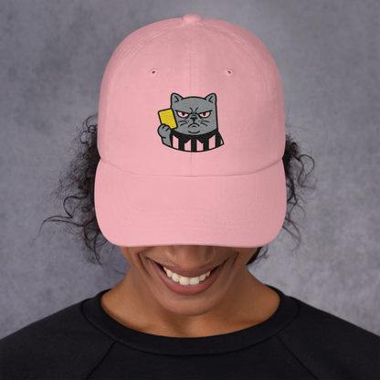 Offside Referee Cat embroidered dad hat — pink, model front