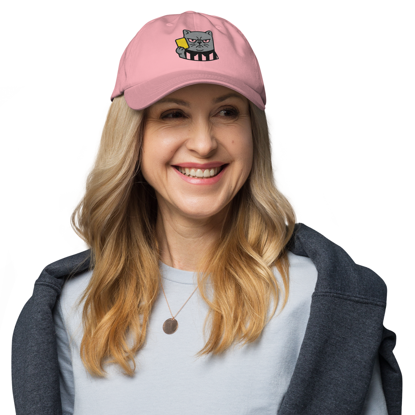 Offside Referee Cat embroidered dad hat — pink, lifestyle front