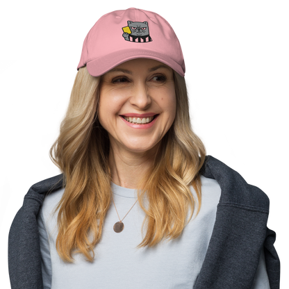 Offside Referee Cat embroidered dad hat — pink, lifestyle front