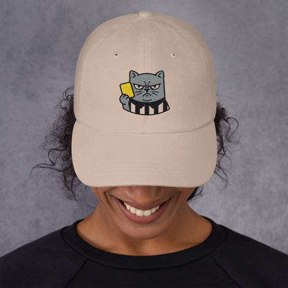Offside Referee Cat embroidered dad hat — stone, lifestyle