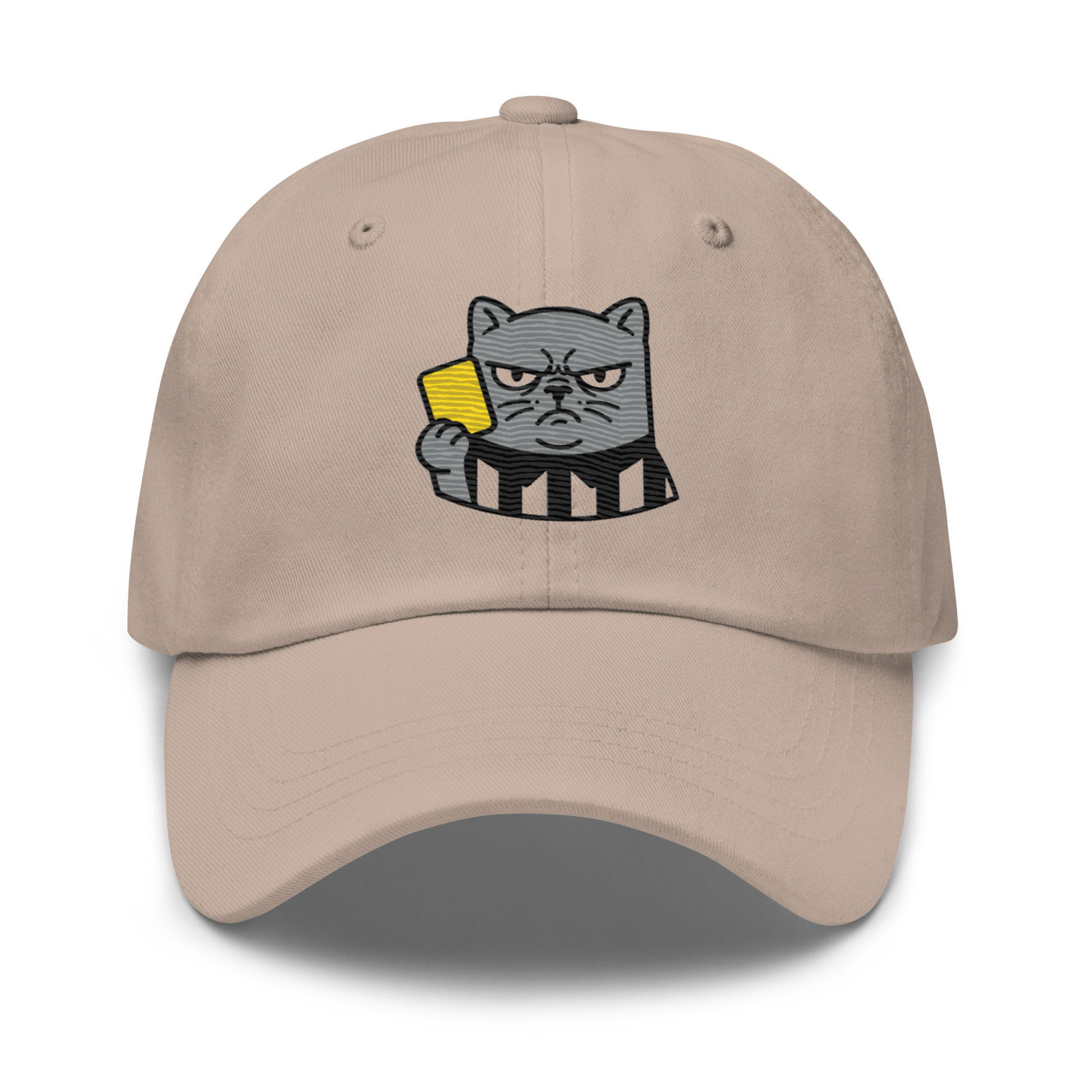 Offside Referee Cat embroidered dad hat — stone, front view