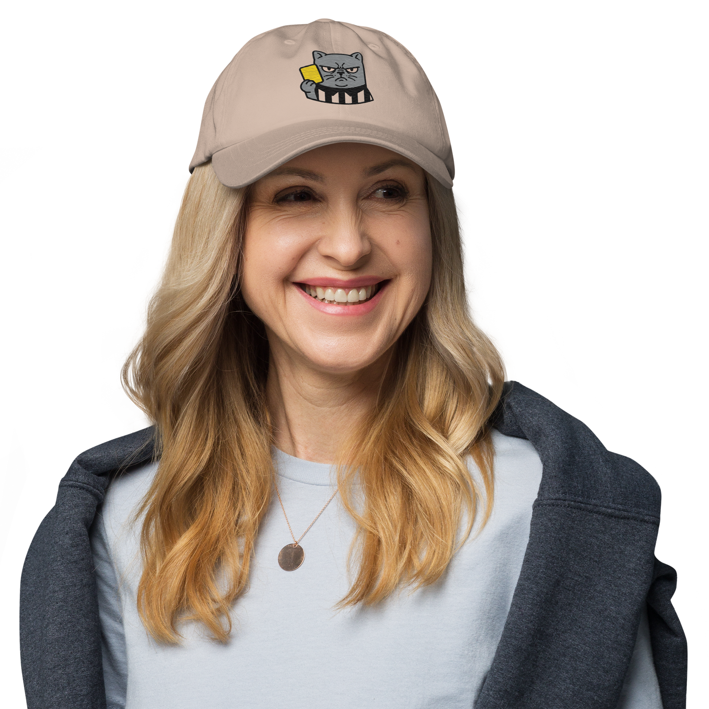 Offside Referee Cat embroidered dad hat — stone, lifestyle front