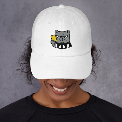 Offside Referee Cat embroidered dad hat — white, lifestyle