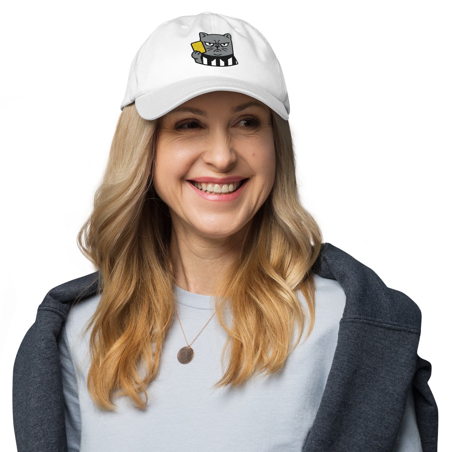 Offside Referee Cat embroidered dad hat — white, lifestyle front