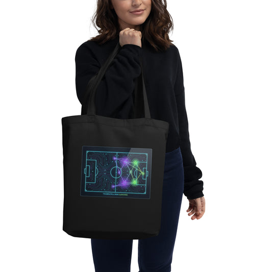 Beautiful Game Quantified soccer analytics eco tote bag — black, front view