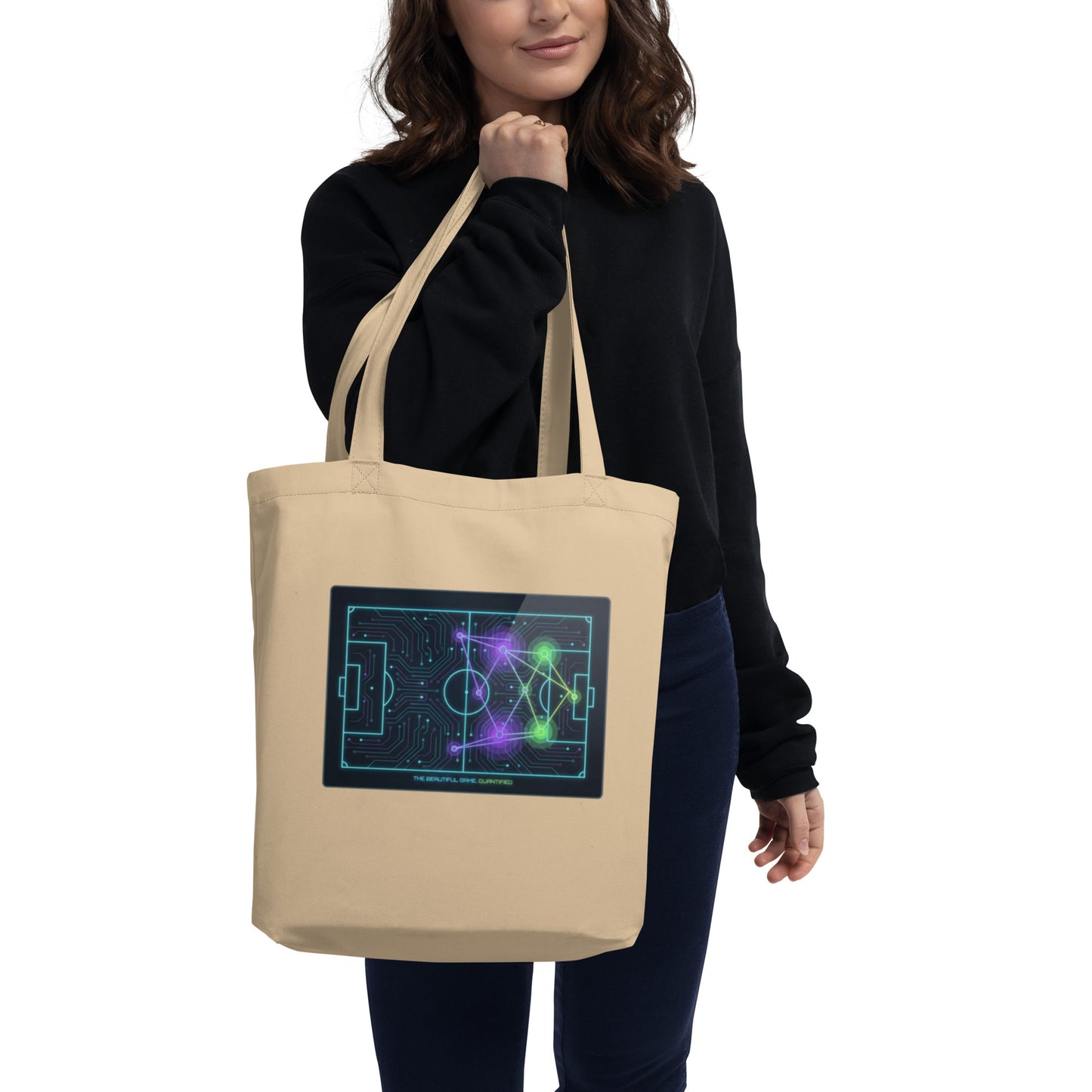 Beautiful Game Quantified soccer eco tote bag — oyster, front detail