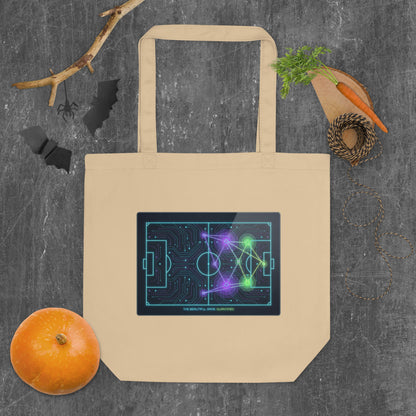 Beautiful Game Quantified soccer eco tote bag — oyster, model holding