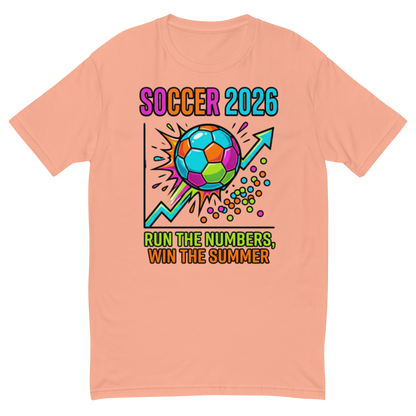 Run the Numbers Win the Summer men's fitted soccer 2026 tee — desert pink, front view