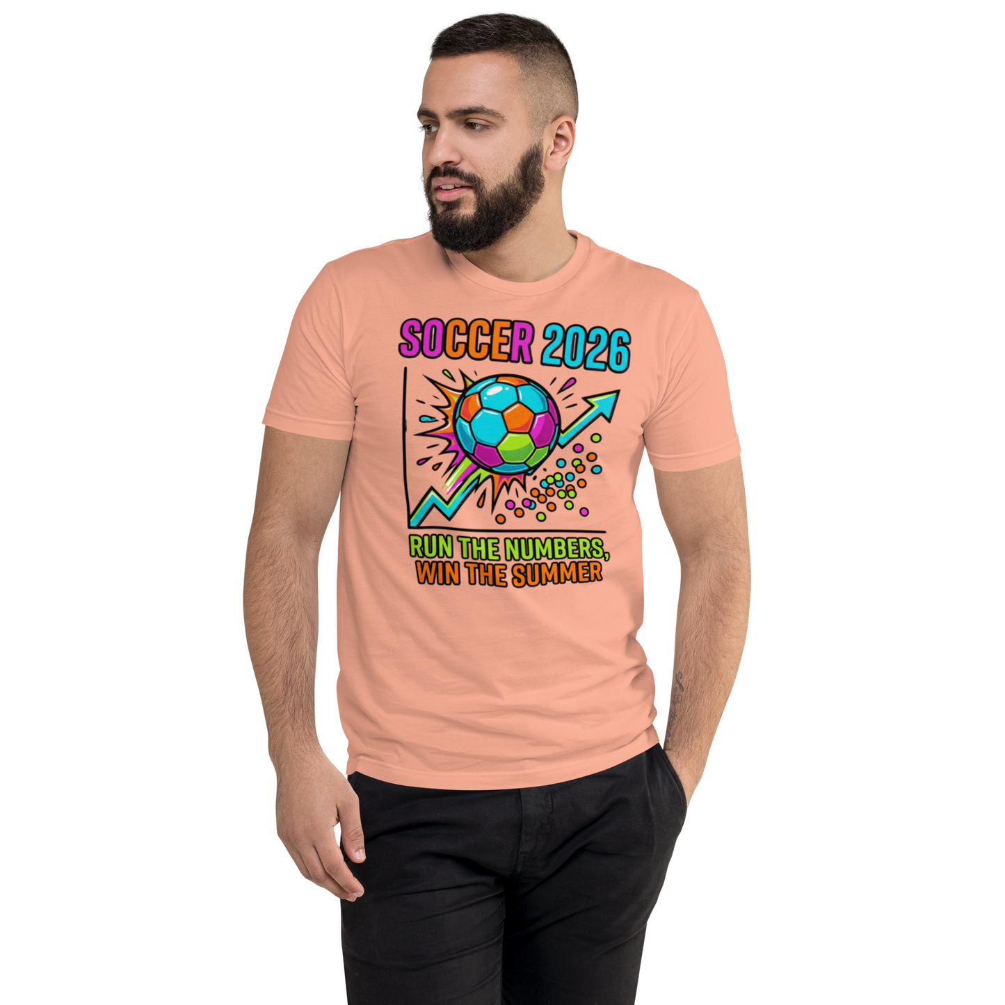 Run the Numbers Win the Summer men's fitted soccer 2026 tee — desert pink, front detail