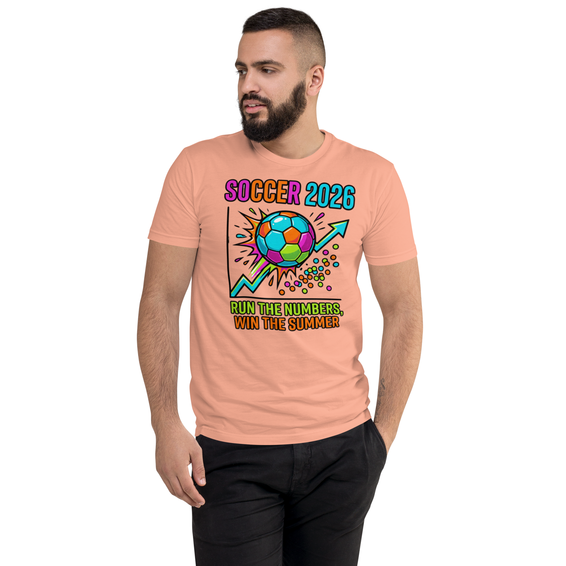 Run the Numbers Win the Summer men's fitted soccer 2026 tee — desert pink, front detail