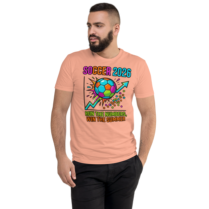 Run the Numbers Win the Summer men's fitted soccer 2026 tee — desert pink, front detail