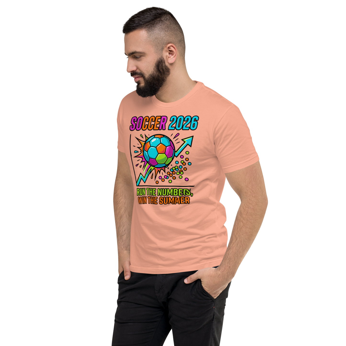 Run the Numbers Win the Summer men's fitted soccer 2026 tee — desert pink, left side view