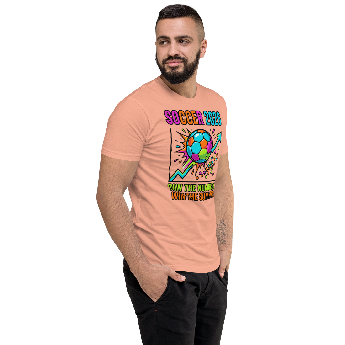 Run the Numbers Win the Summer men's fitted soccer 2026 tee — desert pink, right side view