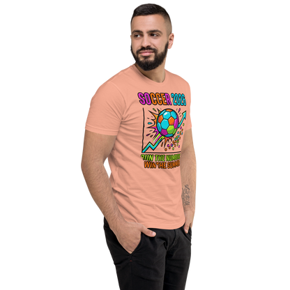 Run the Numbers Win the Summer men's fitted soccer 2026 tee — desert pink, right side view