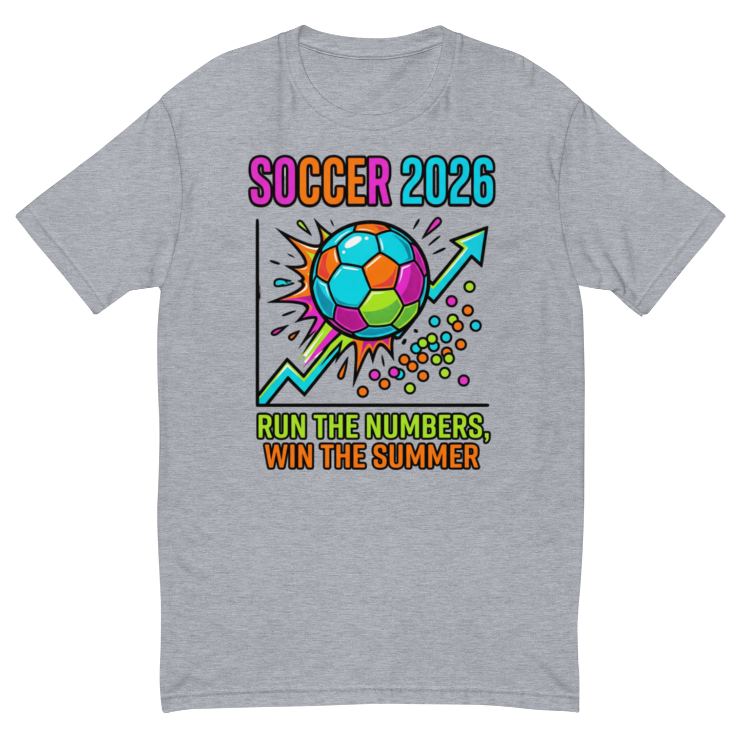 Run the Numbers Win the Summer men's fitted soccer 2026 tee — heather grey, front view