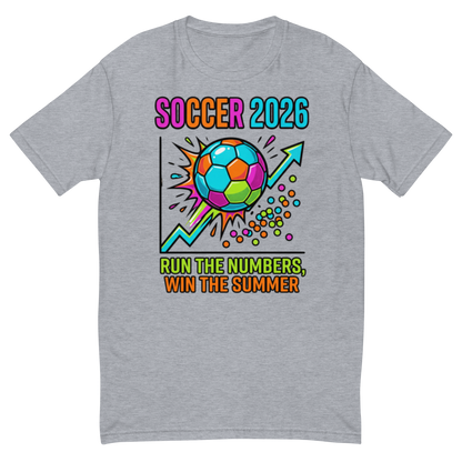 Run the Numbers Win the Summer men's fitted soccer 2026 tee — heather grey, front view