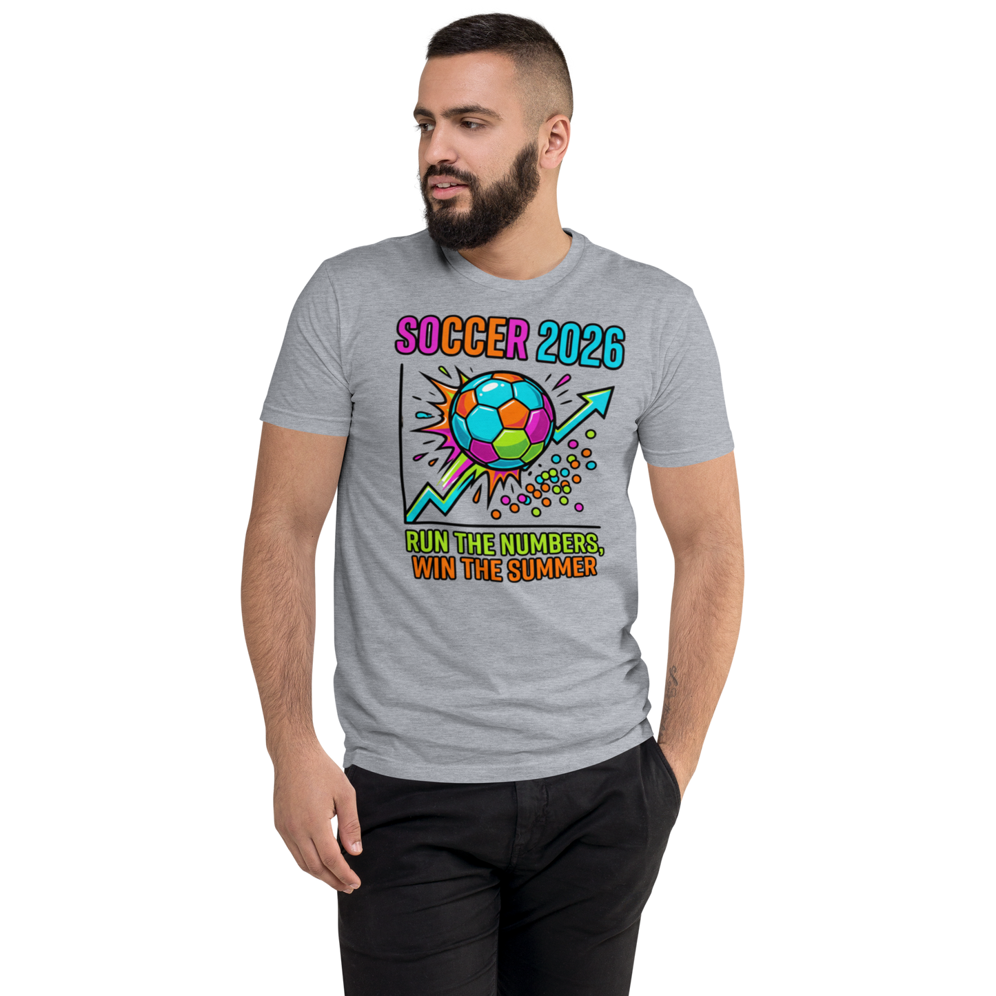 Run the Numbers Win the Summer men's fitted soccer 2026 tee — heather grey, front detail