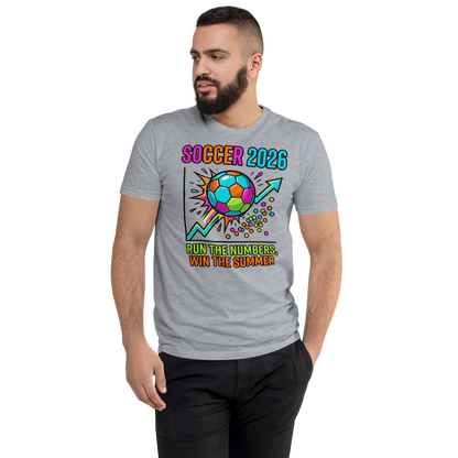Run the Numbers Win the Summer men's fitted soccer 2026 tee — heather grey, front detail