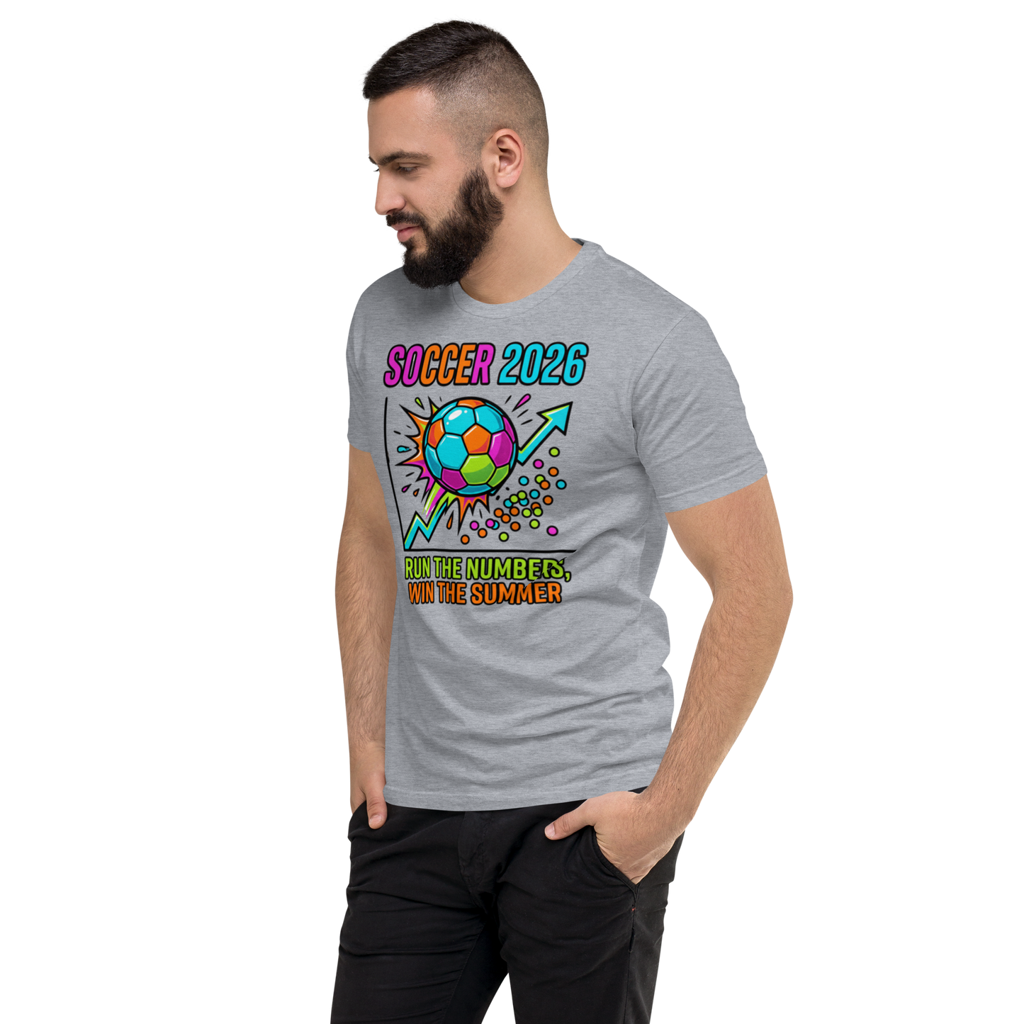 Run the Numbers Win the Summer men's fitted soccer 2026 tee — heather grey, left side view