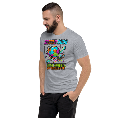 Run the Numbers Win the Summer men's fitted soccer 2026 tee — heather grey, left side view
