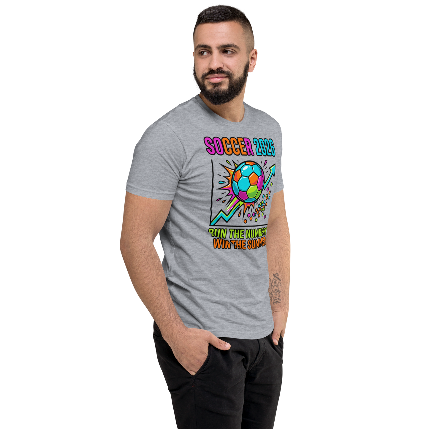 Run the Numbers Win the Summer men's fitted soccer 2026 tee — heather grey, right side view