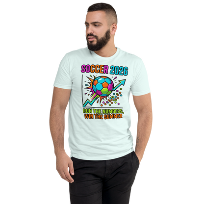 Run the Numbers Win the Summer men's fitted soccer 2026 tee — light blue, model front