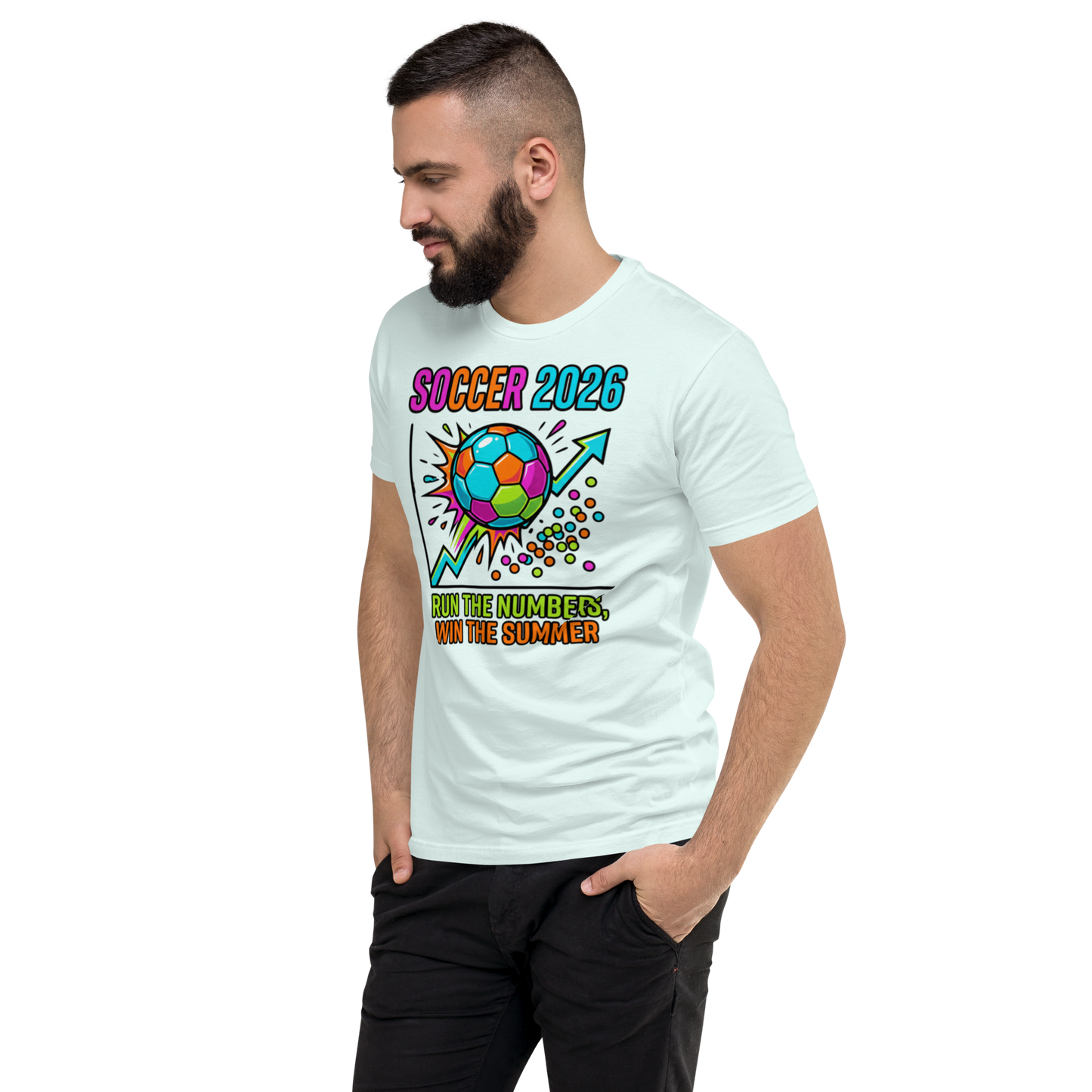 Run the Numbers Win the Summer men's fitted soccer 2026 tee — light blue, left side view