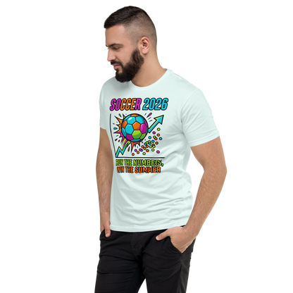 Run the Numbers Win the Summer men's fitted soccer 2026 tee — light blue, left side view