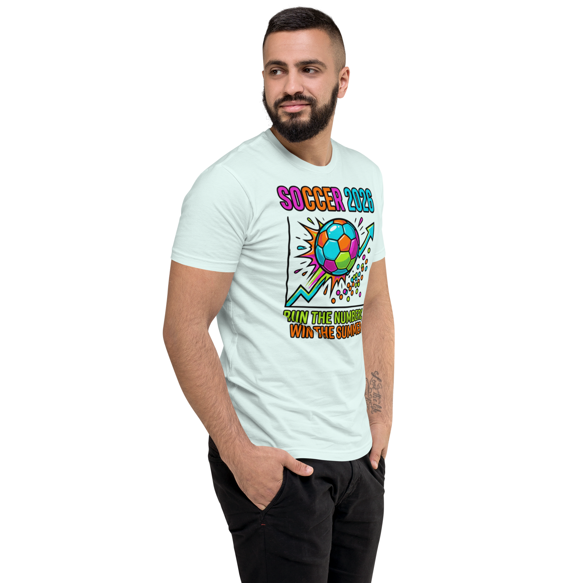 Run the Numbers Win the Summer men's fitted soccer 2026 tee — light blue, right side view