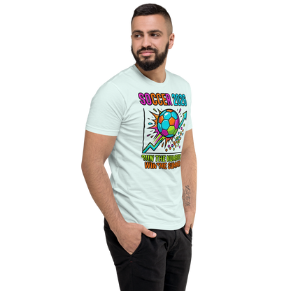 Run the Numbers Win the Summer men's fitted soccer 2026 tee — light blue, right side view