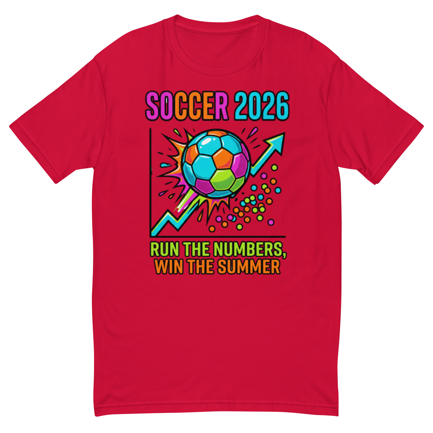 Run the Numbers Win the Summer men's fitted soccer 2026 tee — red, front view