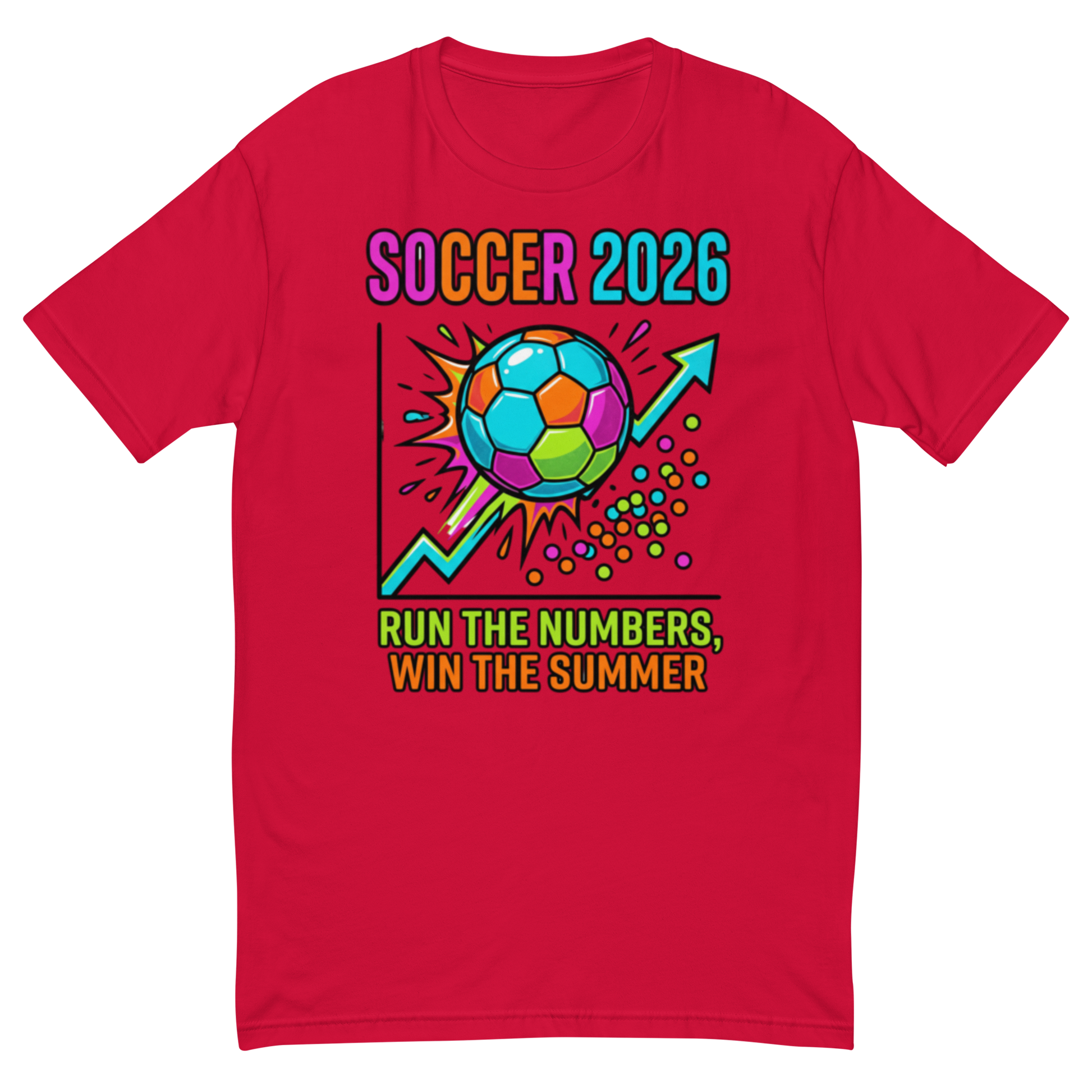 Run the Numbers Win the Summer men's fitted soccer 2026 tee — red, front view