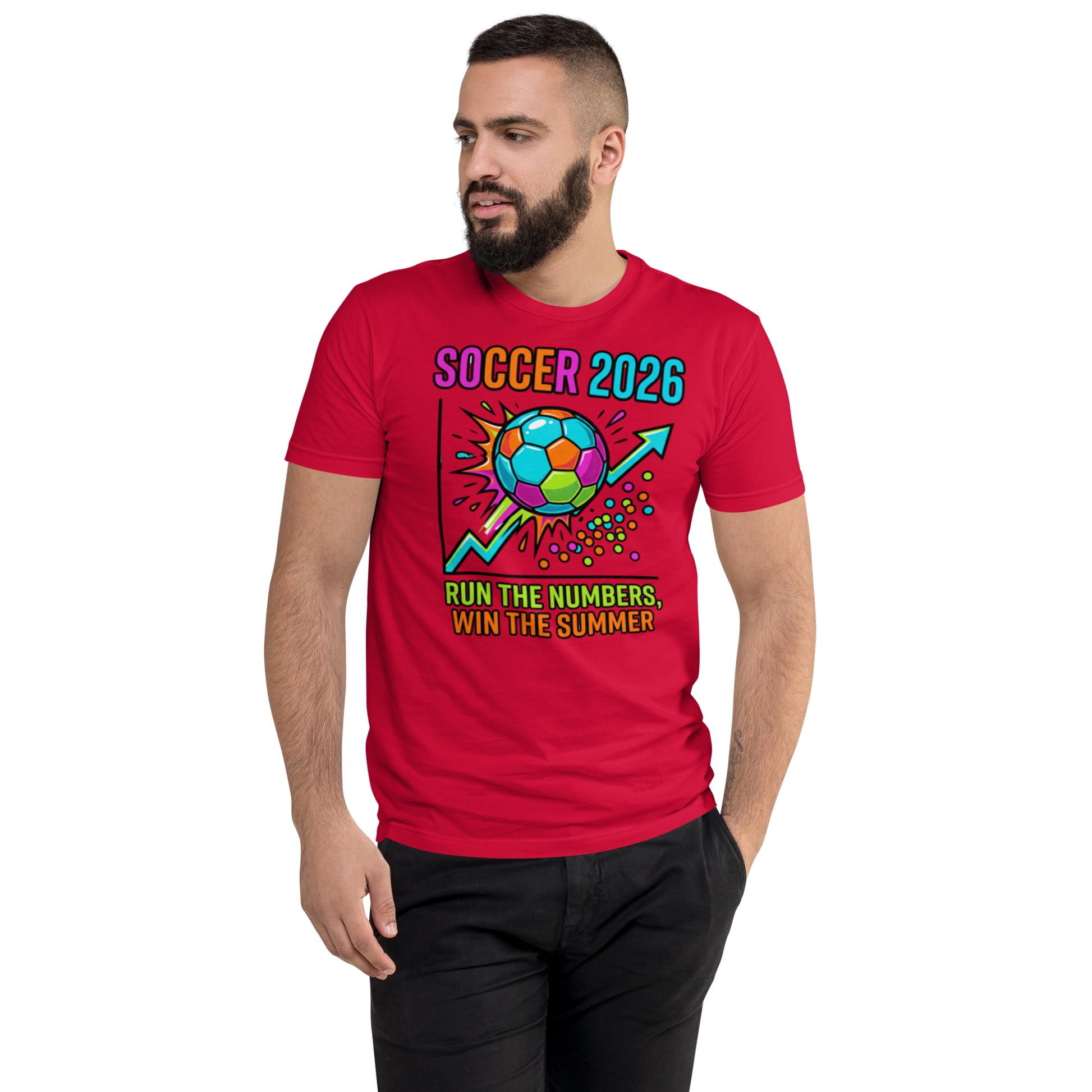 Run the Numbers Win the Summer men's fitted soccer 2026 tee — red, front detail