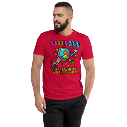 Run the Numbers Win the Summer men's fitted soccer 2026 tee — red, front detail