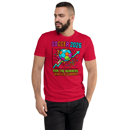 Run the Numbers Win the Summer men's fitted soccer 2026 tee — red, front detail