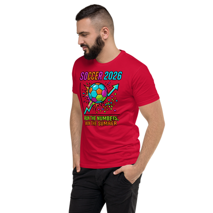 Run the Numbers Win the Summer men's fitted soccer 2026 tee — red, left side view