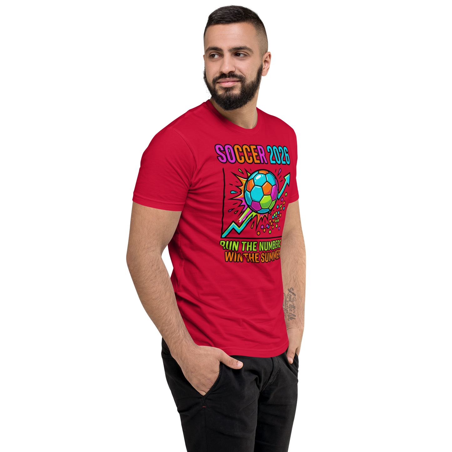 Run the Numbers Win the Summer men's fitted soccer 2026 tee — red, right side view