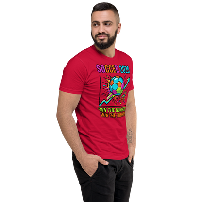 Run the Numbers Win the Summer men's fitted soccer 2026 tee — red, right side view