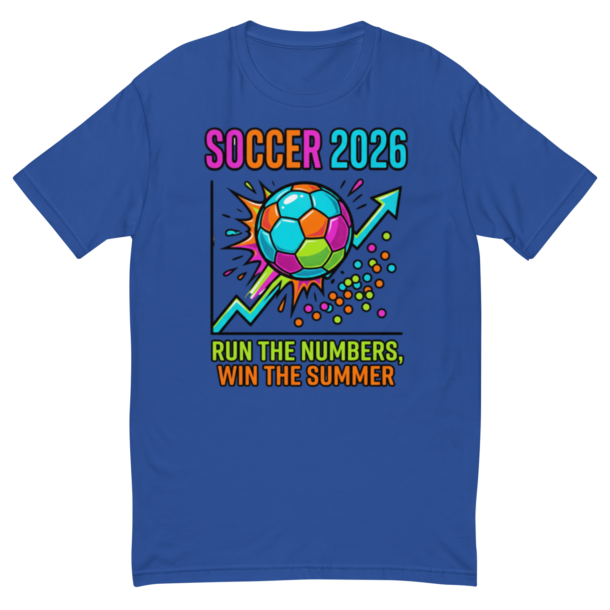 Run the Numbers Win the Summer men's fitted soccer 2026 tee — royal blue, front view