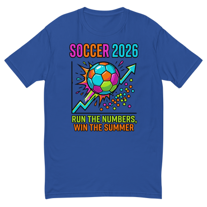 Run the Numbers Win the Summer men's fitted soccer 2026 tee — royal blue, front view